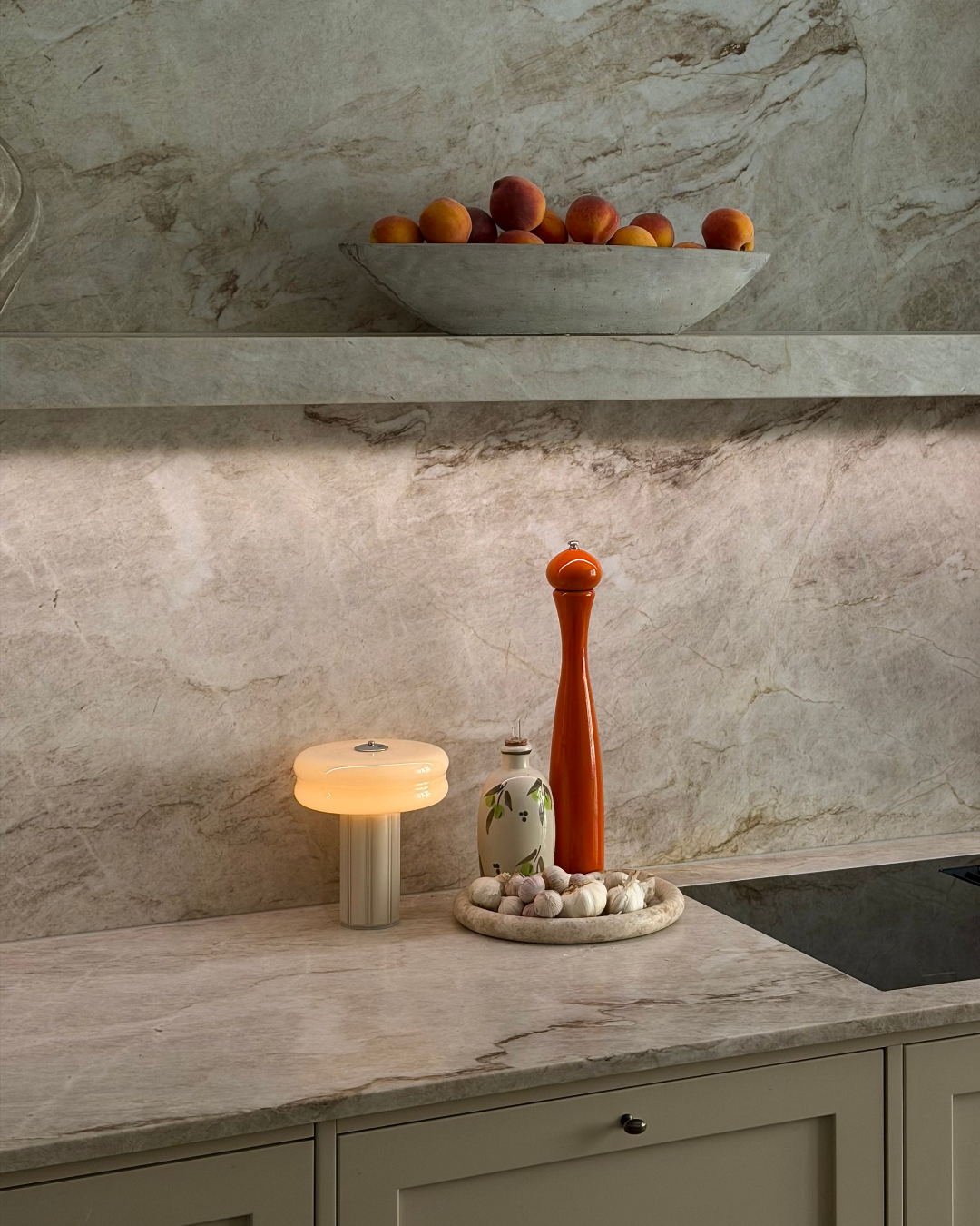 The Affiné Portable Lamp in Crème Beige in a kitchen setting.