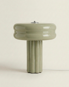 The Affiné Table Lamp in Sage Green with textile cable – hand-blown glass.